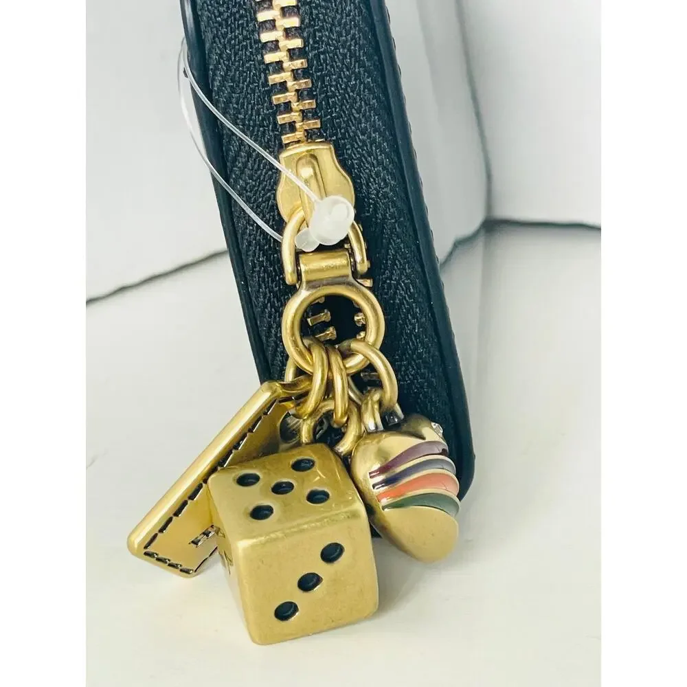 Coach Essential Small Zip Around Wallet Black Spazzolato Leather Charms CCD82